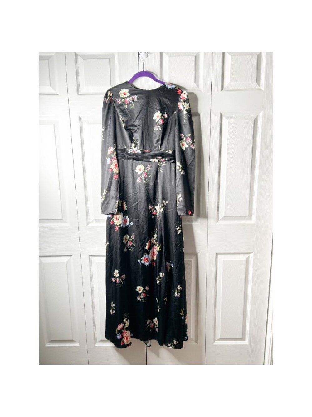 IEENA for Mac Duggal Belted Black Floral Print Long Sleeve Gown Women's Size 6